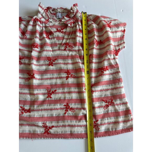 Never A Wallflower S Red & White Striped Embroidered Floral Cotton Top Ruffled C - Picture 6 of 8